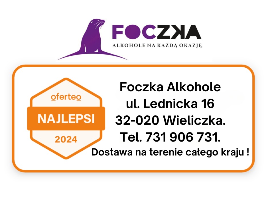 Reklama firmy Foczka Alkohole z Wieliczki, oferującej dostawę alkoholu na terenie całego kraju, wyróżniona nagrodą Oferteo Najlepsi 2024.