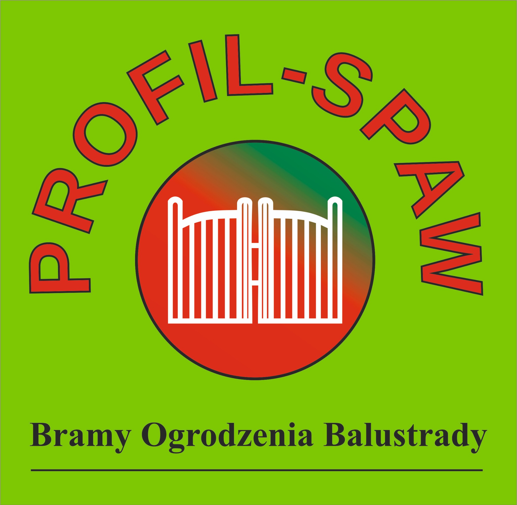 Logo firmy Profil-Spaw z motywem białej, stylizowanej bramy w okręgu na zielonym tle, z napisem 'Bramy Ogrodzenia Balustrady' poniżej.