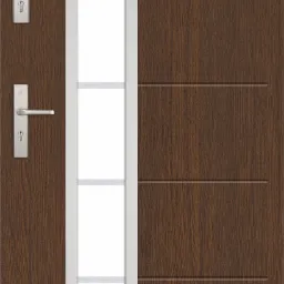 Ciemnobrązowe drzwi z drewnopodobną fakturą, z czterema poziomymi frezowaniami i pionowym przeszkleniem w srebrnej ramie, widoczny zamek i klamka.