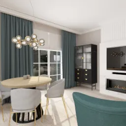 Wizualizacja salonu z okrągłym stołem, szarymi krzesłami na złotych nogach, turkusowymi zasłonami, czarną komodą i kominkiem pod telewizorem.