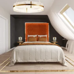 Sypialnia na poddaszu z łóżkiem, pomarańczowym zagłówkiem, drewnianą podłogą z złotymi akcentami, oknem dachowym i okrągłym, kryształowym żyrandolem.