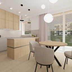 Wizualizacja jasnej kuchni z drewnianymi frontami szafek, wyspą i okrągłym stołem z krzesłami na tle okna z widokiem na budynek mieszkalny.