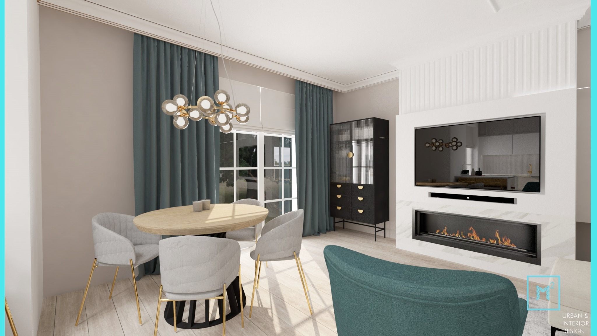 Wizualizacja salonu z okrągłym stołem, szarymi krzesłami na złotych nogach, turkusowymi zasłonami, czarną komodą i kominkiem pod telewizorem.