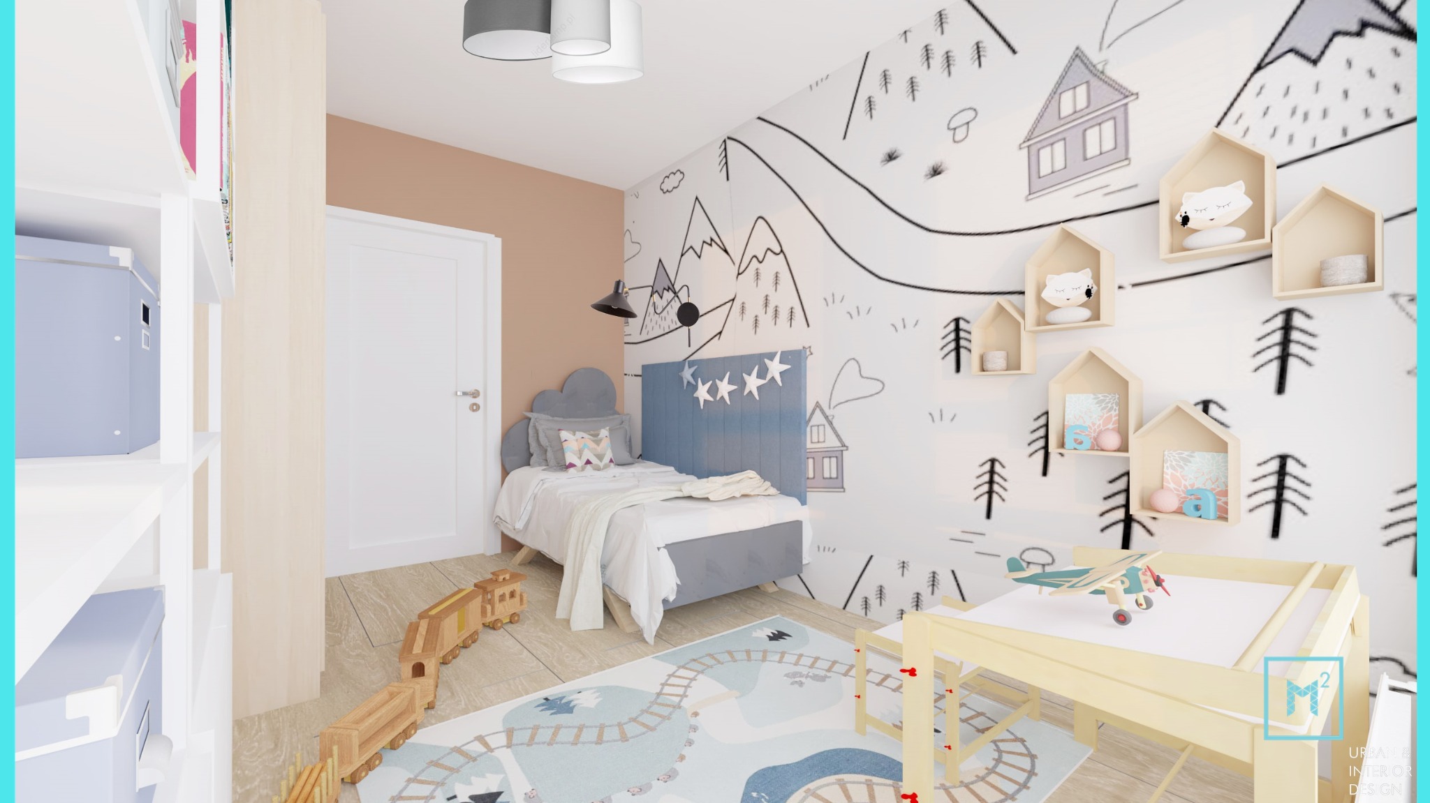 Wizualizacja pokoju dziecięcego z łóżkiem z szarym wezgłowiem w kształcie chmurki, drewnianą kolejką na dywanie z motywem torów, biurkiem z zabawkami i ścianą z rysunkami gór i domków oraz półkami...