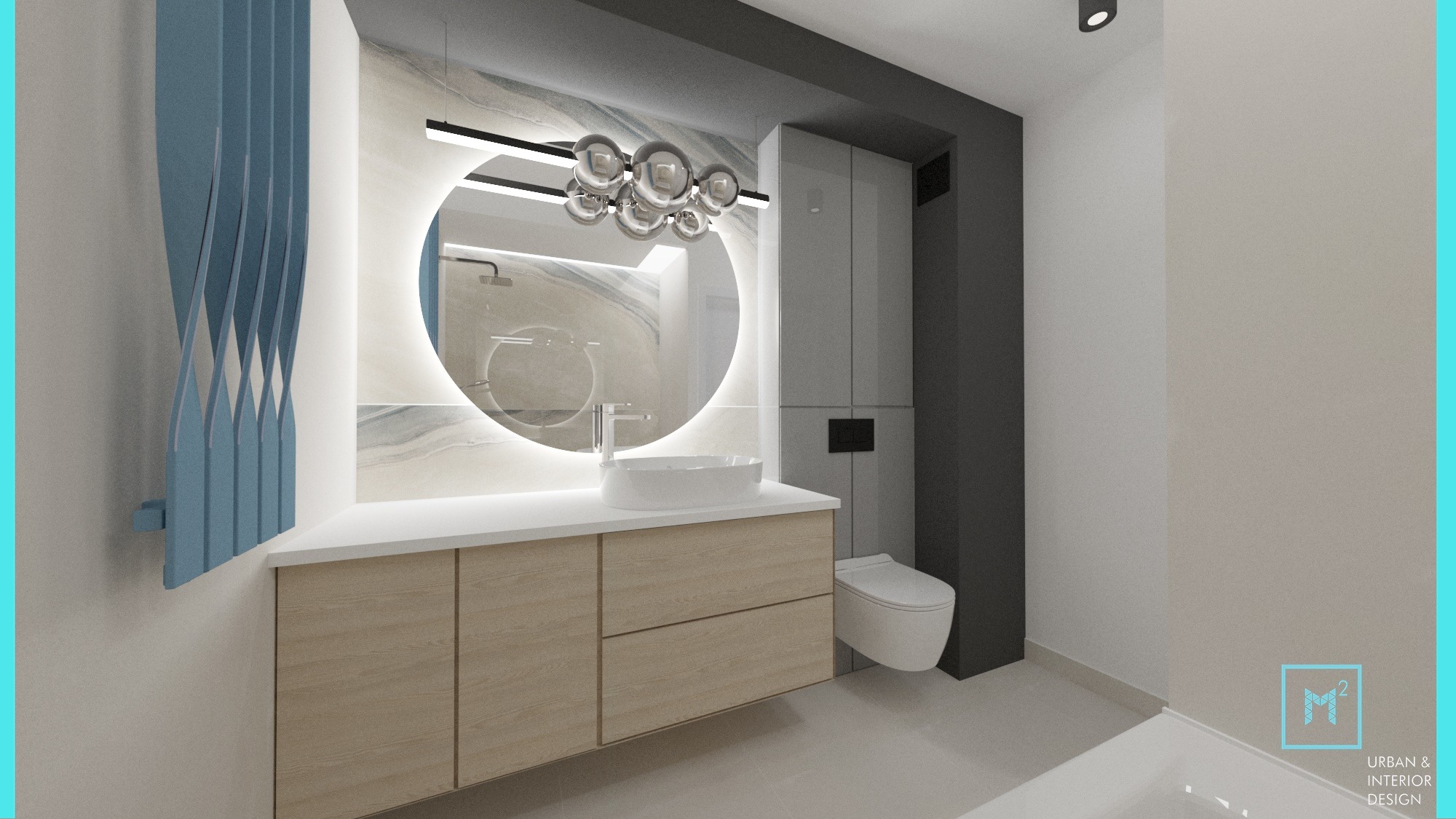Wizualizacja łazienki z okrągłym lustrem podświetlonym LED, drewnianą szafką pod umywalką, toaletą podwieszaną i dekoracyjnym, niebieskim grzejnikiem.