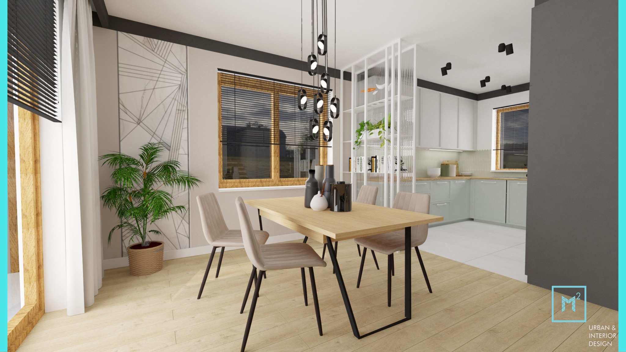 Wizualizacja jadalni z drewnianym stołem, beżowymi krzesłami, dekoracyjną lampą wiszącą i rośliną doniczkową, widok na kuchnię z białymi szafkami i oknem z żaluzjami.