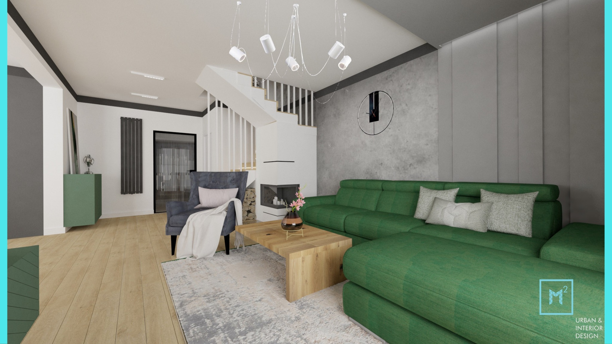 Wizualizacja salonu z zieloną sofą narożną, drewnianym stolikiem kawowym, szarym fotelem i schodami w tle, oświetlonymi wiszącymi lampami.