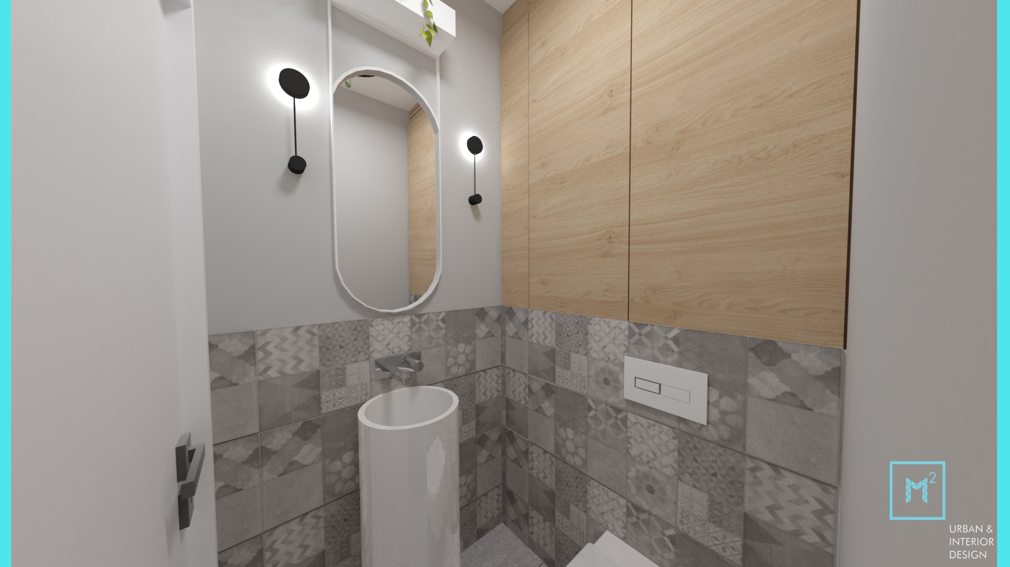 Wizualizacja małej łazienki z umywalką kolumnową, owalnym lustrem z oświetleniem punktowym i drewnianą zabudową nad płytkami w geometryczne wzory.