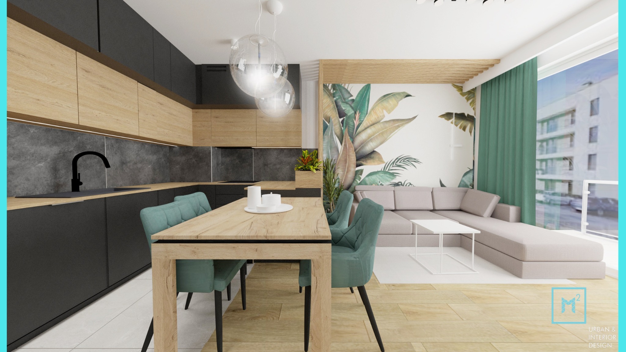Wizualizacja wnętrza: kuchnia z drewnianymi blatami i czarnymi szafkami, jadalnia z turkusowymi krzesłami, salon z narożnikiem i motywem tropikalnych liści na ścianie.