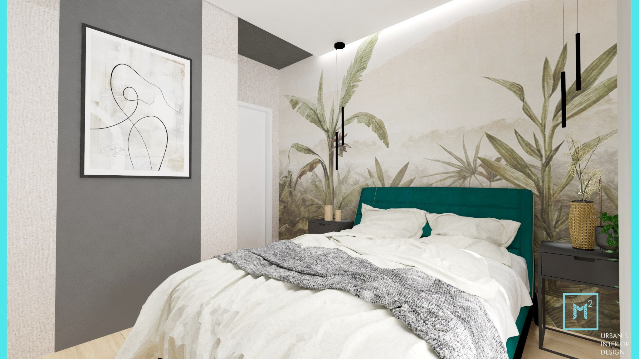 Wizualizacja sypialni z łóżkiem z zielonym zagłówkiem na tle tapety w motywy roślinne. Na ścianie szara lamperia i abstrakcyjny obraz w czarnej ramie. Po prawej stronie szafka nocna z dekoracjami.