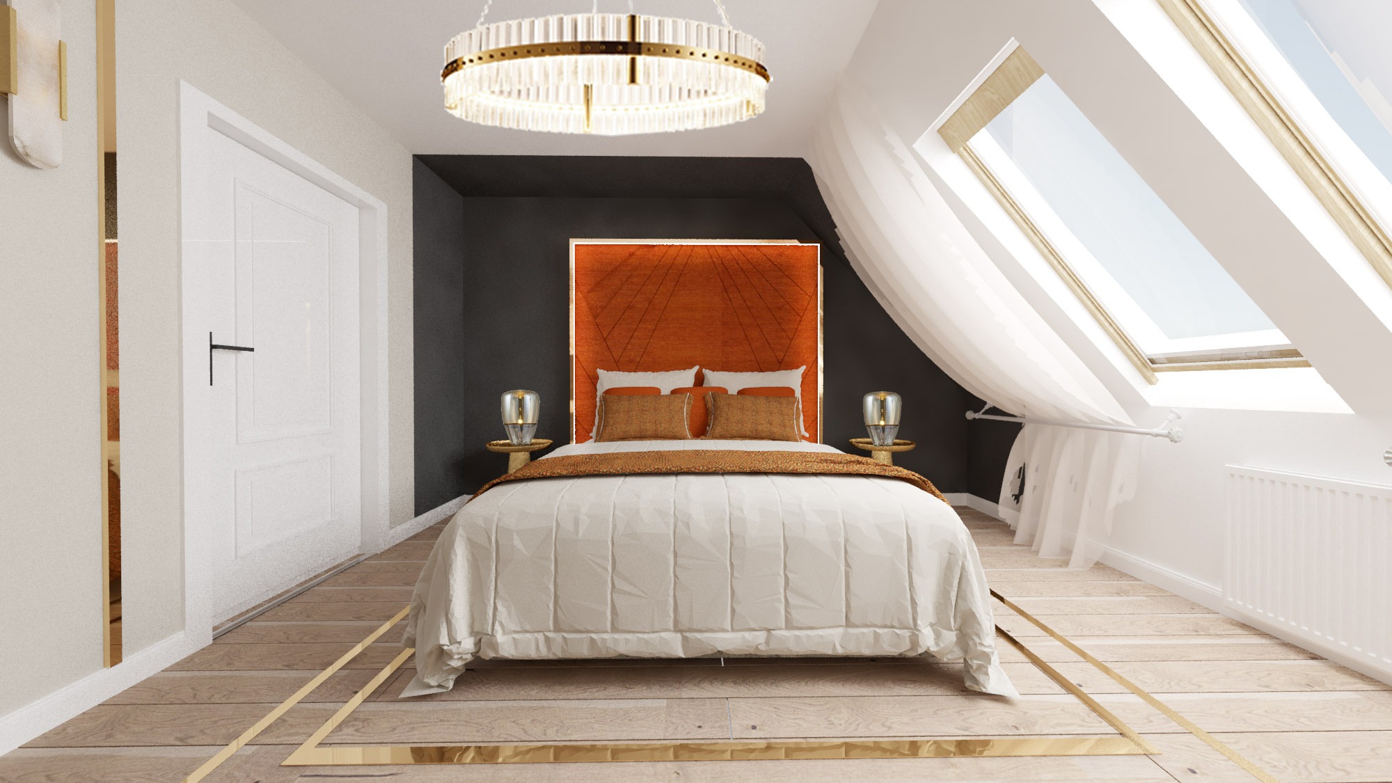 Sypialnia na poddaszu z łóżkiem, pomarańczowym zagłówkiem, drewnianą podłogą z złotymi akcentami, oknem dachowym i okrągłym, kryształowym żyrandolem.