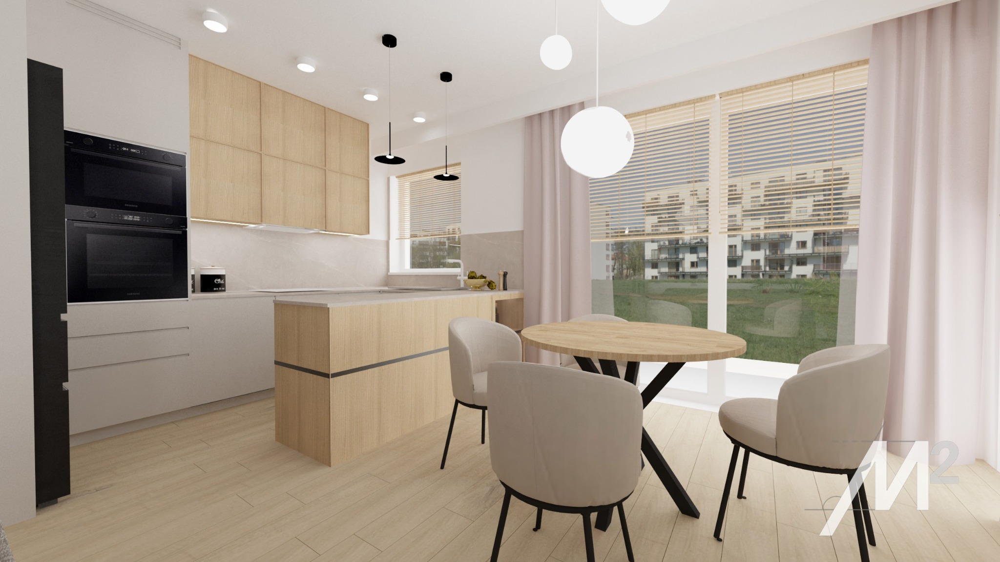 Wizualizacja jasnej kuchni z drewnianymi frontami szafek, wyspą i okrągłym stołem z krzesłami na tle okna z widokiem na budynek mieszkalny.