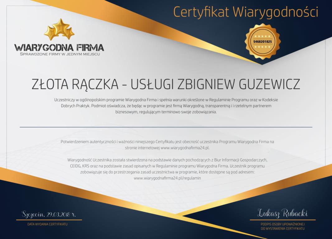 Certyfikat Wiarygodności dla firmy Złota Rączka - Usługi Zbigniew Guzewicz, potwierdzający uczestnictwo w programie Wiarygodna Firma, z datą wystawienia 29.03.2018 i podpisem Łukasza Rubackiego.