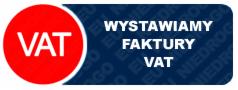 Niebiesko-czerwony baner informujący o wystawianiu faktur VAT.