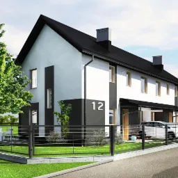 Wizualizacja dwukondygnacyjnego domu w zabudowie bliźniaczej z czarnym dachem, numerem 12 na elewacji i białym samochodem w garażu, widziana zza metalowego ogrodzenia.