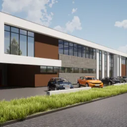 Wizualizacja nowoczesnego budynku usługowego z elementami brązu, betonu i bieli, z dużymi oknami, flagami z logo FWMT i zaparkowanymi samochodami na pierwszym planie.