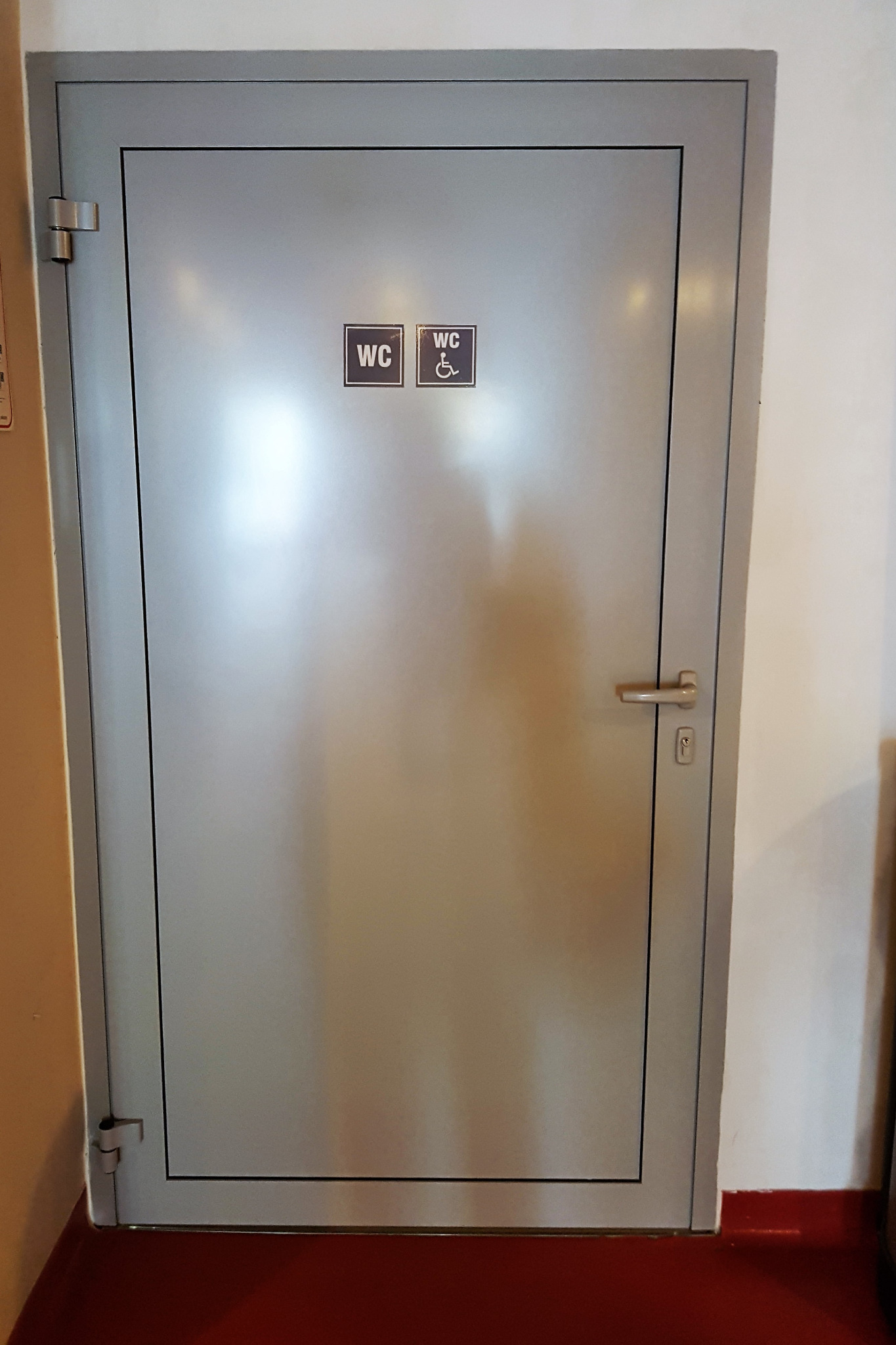 Metalowe drzwi do toalety z oznaczeniami WC i WC dla niepełnosprawnych, zamontowane w budynku usługowym.