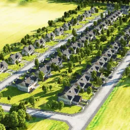 Wizualizacja osiedla domów jednorodzinnych z szarymi dachami, otoczonych zielenią, z widokiem z lotu ptaka na słoneczne pola.
