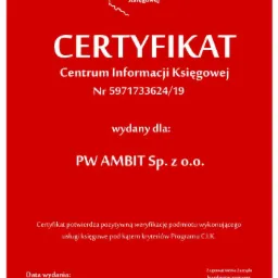 Certyfikat Centrum Informacji Księgowej nr 5971733624/19 wydany dla PW AMBIT Sp. z o.o., potwierdzający pozytywną weryfikację usług księgowych, data wydania 01.04.2019.