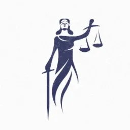 Stylizowana, niebieska sylwetka Temidy z wagą i mieczem na białym tle, logo.