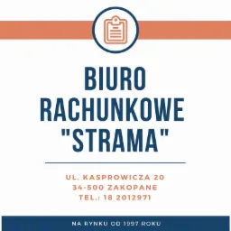 Logo Biura Rachunkowego 'Strama' w Zakopanem z adresem i numerem telefonu, działającego od 1997 roku, z graficznym symbolem dokumentu w okręgu.