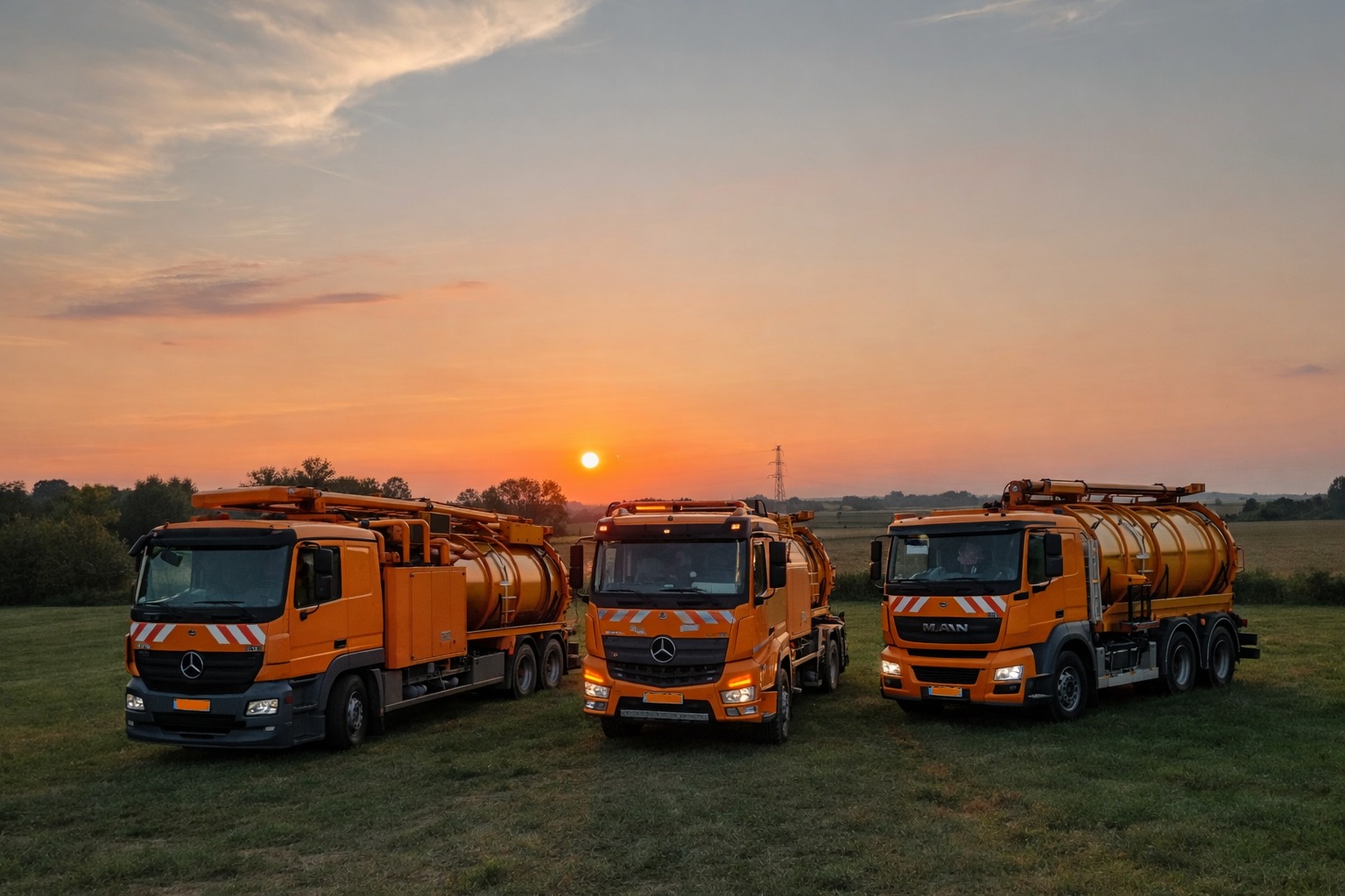 Trzy pomarańczowe wozy asenizacyjne Mercedes i MAN na łące o zachodzie słońca. Specjalistyczne pojazdy do oczyszczania kanalizacji i wywozu nieczystości płynnych.