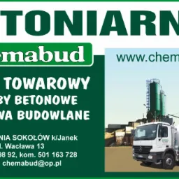 Reklama betoniarni Chemabud z wizualizacją betonomieszarki i silosów, zawierająca adres, telefony i adres e-mail firmy.