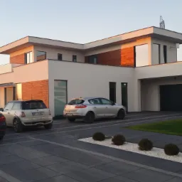 Dwukondygnacyjny dom z garażem, wykończony drewnem i białym tynkiem, z trzema samochodami zaparkowanymi na podjeździe z kostki. Widok z poziomu gruntu, zachód słońca.