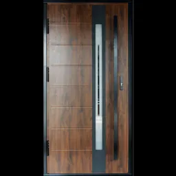 Nowoczesne drzwi wejściowe z drewnopodobną okleiną, czarnymi akcentami i pionowym przeszkleniem, widoczne zawiasy po lewej stronie.