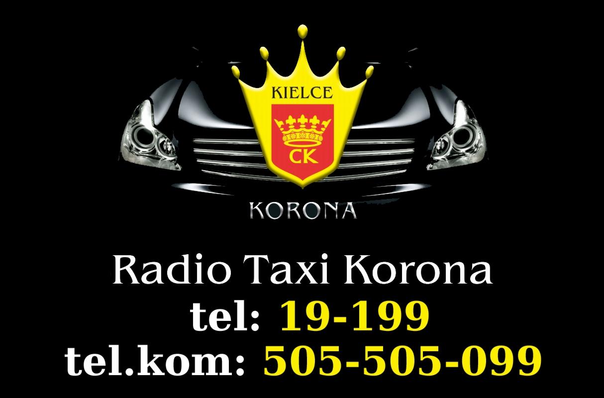 Logo Radio Taxi Korona z Kielc, z stylizowanym przodem samochodu i koroną, numery telefonów 19-199 i 505-505-099.