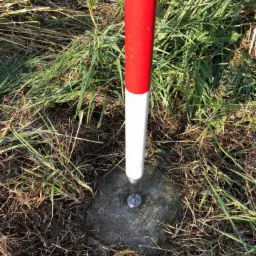 Czerwono-biała tyczka geodezyjna wbita w betonowy punkt pomiarowy w trawie. Punkt jest lekko porośnięty mchem.