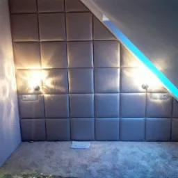 Tapicerowane panele ścienne w pokoju na poddaszu, oświetlone kinkietami i listwą LED, z widocznym fragmentem dywanu.