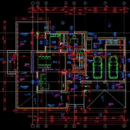 Techniczny rysunek architektoniczny rzutu parteru domu jednorodzinnego z dwustanowiskowym garażem, zawierający wymiary, oznaczenia pomieszczeń i instalacji.