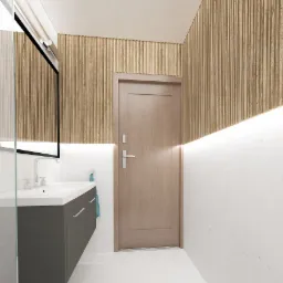 Wizualizacja łazienki z drewnianymi panelami ściennymi, podświetlanymi LED, szarą szafką pod umywalką i jasnymi płytkami podłogowymi.