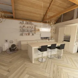 Jasna kuchnia z drewnianym sufitem, wyspą z trzema czarnymi hokerami i drewnianą podłogą ułożoną w jodełkę, widoczne dekoracje na półkach i dziecięcy kącik.