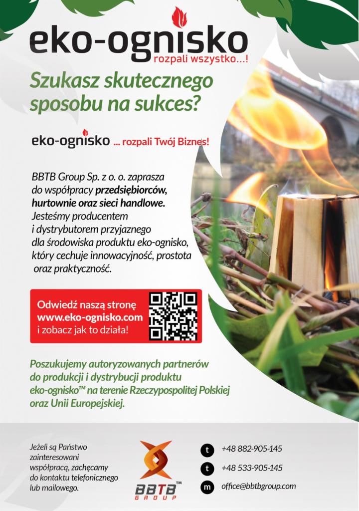 Reklama produktu Eko-ognisko, prezentująca płonące drewno na tle zieleni i mostu, z hasłami reklamowymi i danymi kontaktowymi firmy BBTB Group.