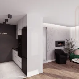 Wizualizacja wnętrza mieszkania z otwartą kuchnią, salonem z kominkiem i ozdobną lampą, utrzymana w nowoczesnej stylistyce.