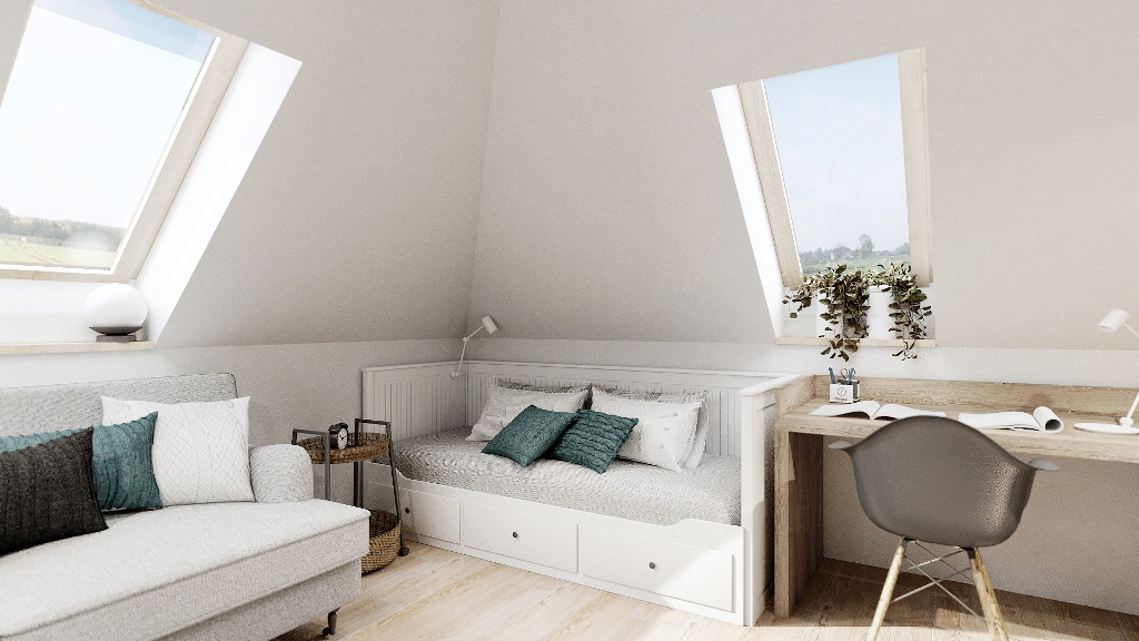 Jasne poddasze z dwoma oknami dachowymi, szarą sofą z poduszkami, białą sofą-łóżkiem z szufladami i biurkiem z szarym krzesłem oraz roślinami w doniczkach na parapecie.