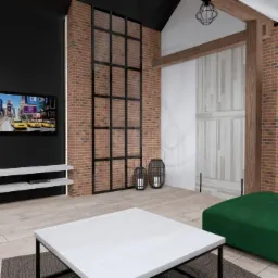 Wizualizacja loftowego salonu z ceglaną ścianą, czarną ścianą z telewizorem, zieloną sofą i białym stolikiem kawowym na dywanie w odcieniach szarości.