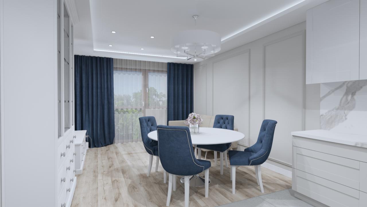 Wizualizacja jadalni z okrągłym stołem i krzesłami tapicerowanymi w odcieniach granatu, na podłodze panele imitujące drewno, w tle zasłony w kolorze granatowym i białe meble kuchenne z marmurowym...