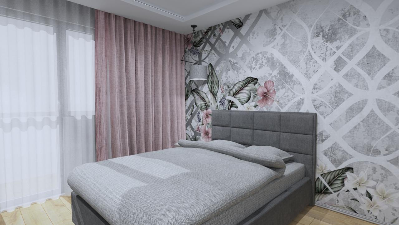 Wizualizacja sypialni z łóżkiem w szarej tapicerce, wzorzystą tapetą w motywy roślinne i geometryczne, oraz zasłonami w odcieniu pudrowego różu.