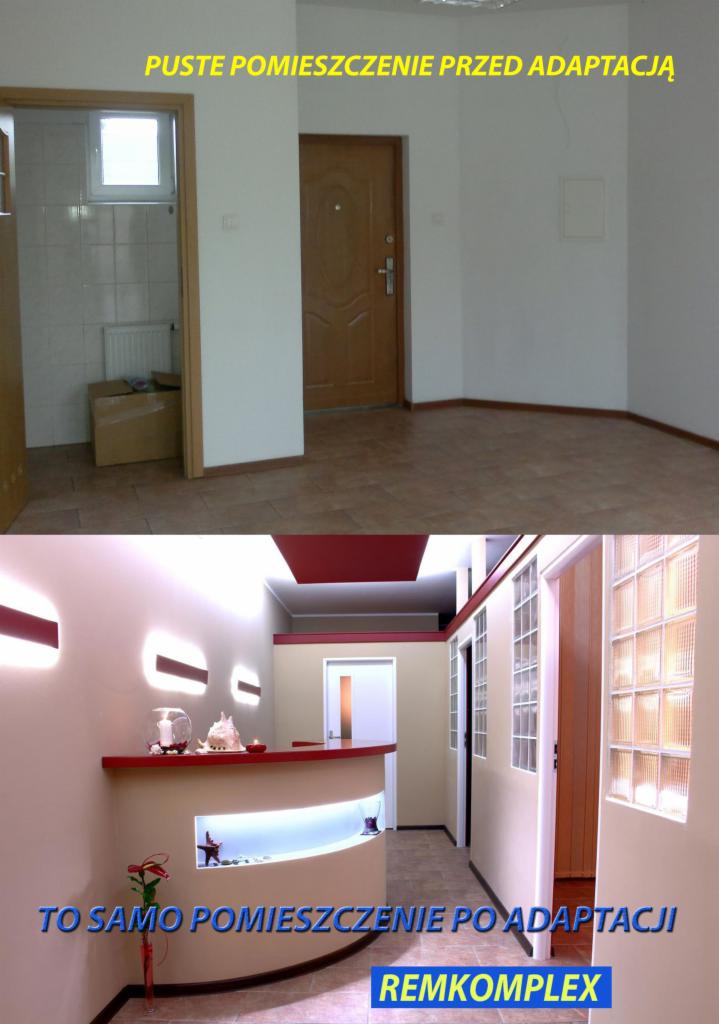 Porównanie: Puste wnętrze przed i po adaptacji. Na dole stylowa recepcja z oświetleniem LED, dekoracjami i rośliną, nad nią czerwone elementy sufitu i ścian.