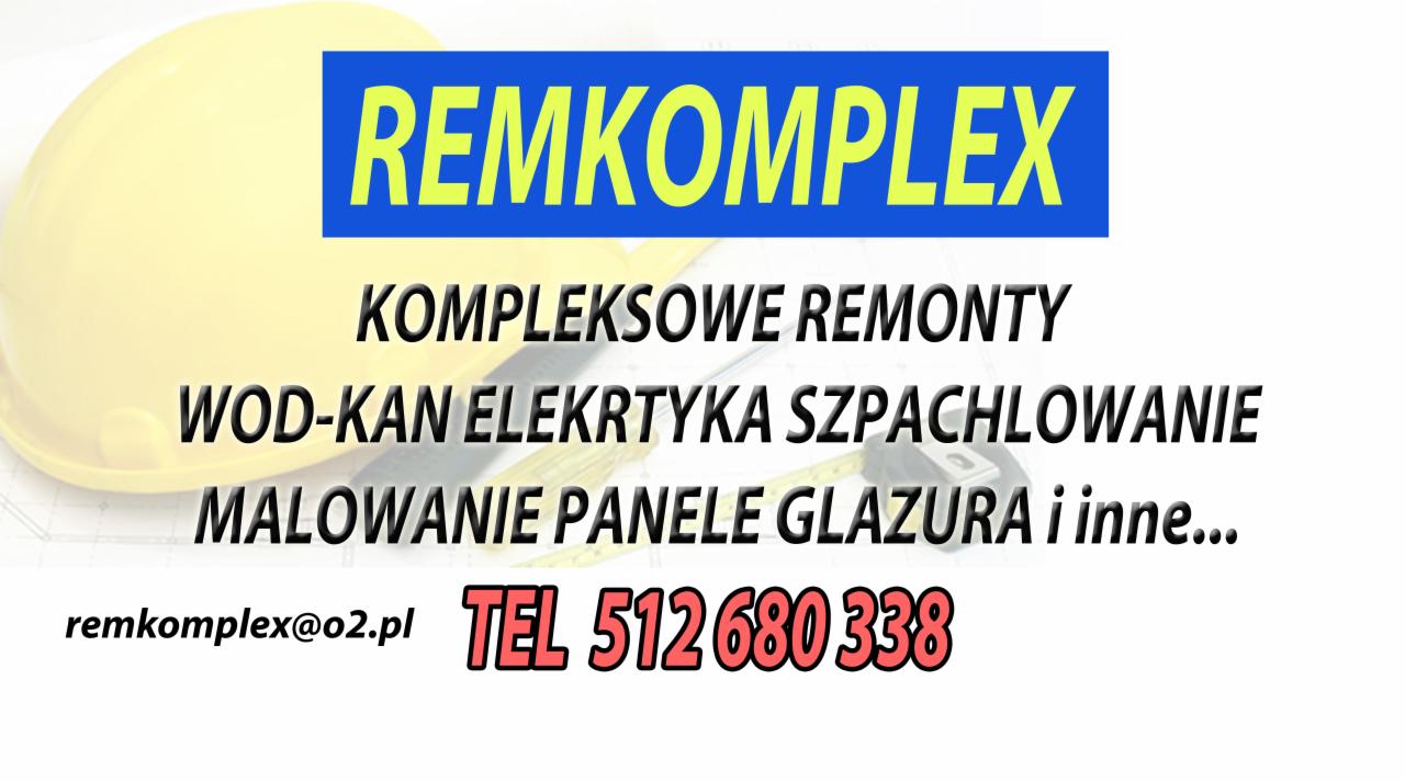 Żółty kask budowlany obok nazwy firmy REMKOMPLEX oferującej kompleksowe remonty, wod-kan, elektrykę, szpachlowanie, malowanie, panele, glazurę oraz dane kontaktowe: adres email i numer telefonu.