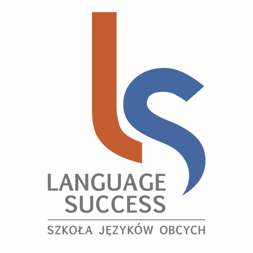 Logo Language Success Szkoła Języków Obcych z pomarańczowo-niebieskim symbolem LS na białym tle.