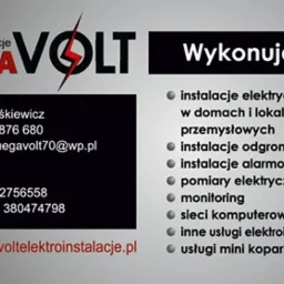 Wizytówka firmy MegaVolt Elektroinstalacje z ofertą usług: instalacje elektryczne, instalacje odgromowe, alarmowe, pomiary elektryczne, monitoring, sieci komputerowe, usługi mini koparką.