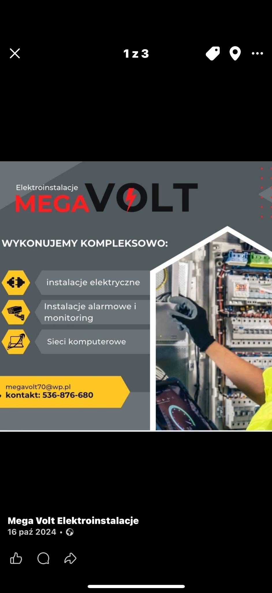 Grafika reklamowa firmy Mega Volt Elektroinstalacje. Oferta obejmuje instalacje elektryczne, alarmowe, monitoring i sieci komputerowe. Widoczny fragment szafy elektrycznej.