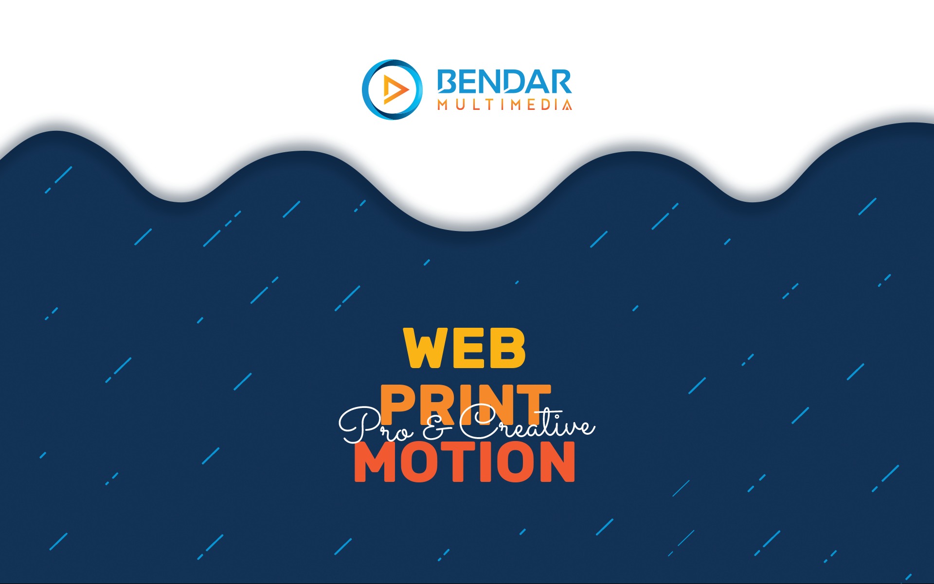 Grafika z hasłami: Web, Print, Pro & Creative, Motion na granatowym tle z logo Bendar Multimedia i białym wzorem u góry. Promocja usług graficznych.