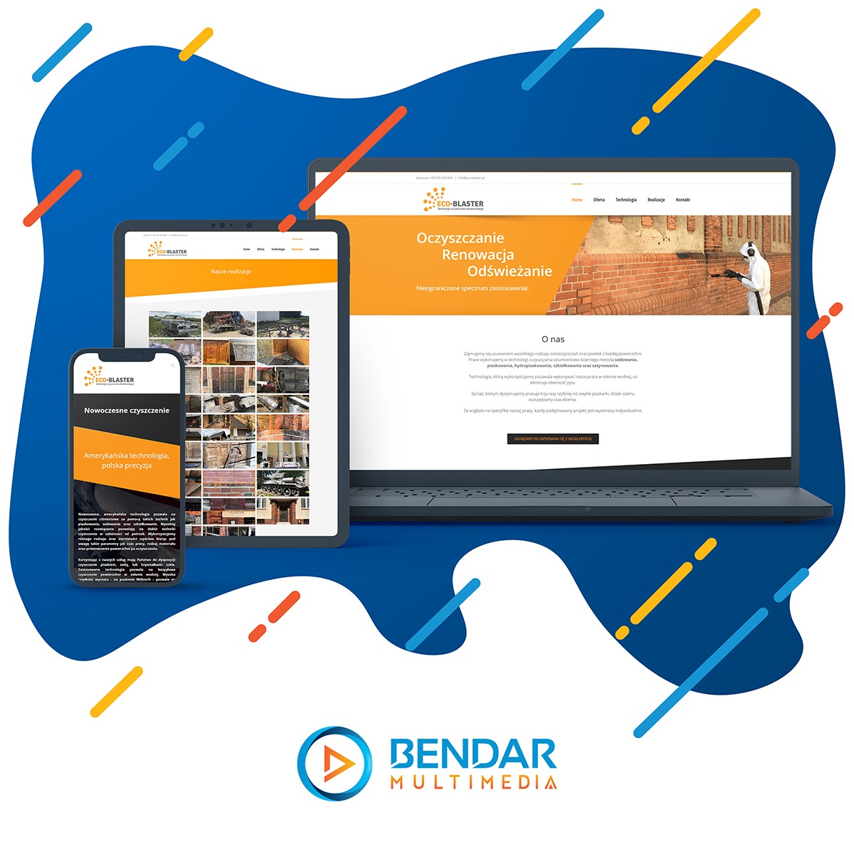Responsywna strona WWW Eco-Blaster na laptopie, tablecie i smartfonie, prezentująca ofertę czyszczenia i renowacji. Widoczne logo Bendar Multimedia.