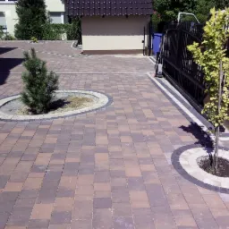 Ułożona kostka brukowa w dwóch odcieniach brązu, z okrągłymi obrzeżami wokół młodych drzewek i krzewów, prowadząca do bramy wjazdowej.