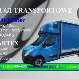Wizytówka firmy transportowej z niebieskim Renault Master z zabudową 10ep i wymiarami skrzyni 215/230/485, obok mapa Europy.